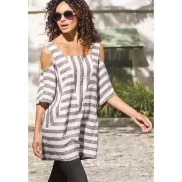 Soft Surroundings 1X Linen Blend Sunset Stripe Tunic Top Cold Shoulder Pockets - Picture 1 of 11